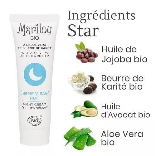Crème Visage Nuit à l'Aloé Vera et Beurre de Karité de la marque Marilou Bio
