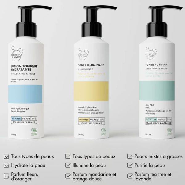 Un toner qui prépare la peau pour le soin et illumine, fini légèrement nacré.