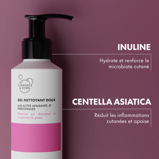 Découvrez notre gel nettoyant ultra-doux, formulé sans sulfates ni tensioactifs agressifs. Apaisant grâce à la centella asiatica et protecteur avec l’inuline prébiotique, il nettoie efficacement les peaux sensibles sans tiraillement.